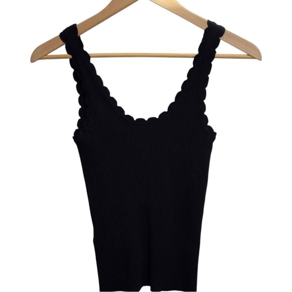 Mango Sleeveless Ribbed Knit Black Scallop Trim Neckline Tank Top. Medium. NWOT. - Picture 4 of 8